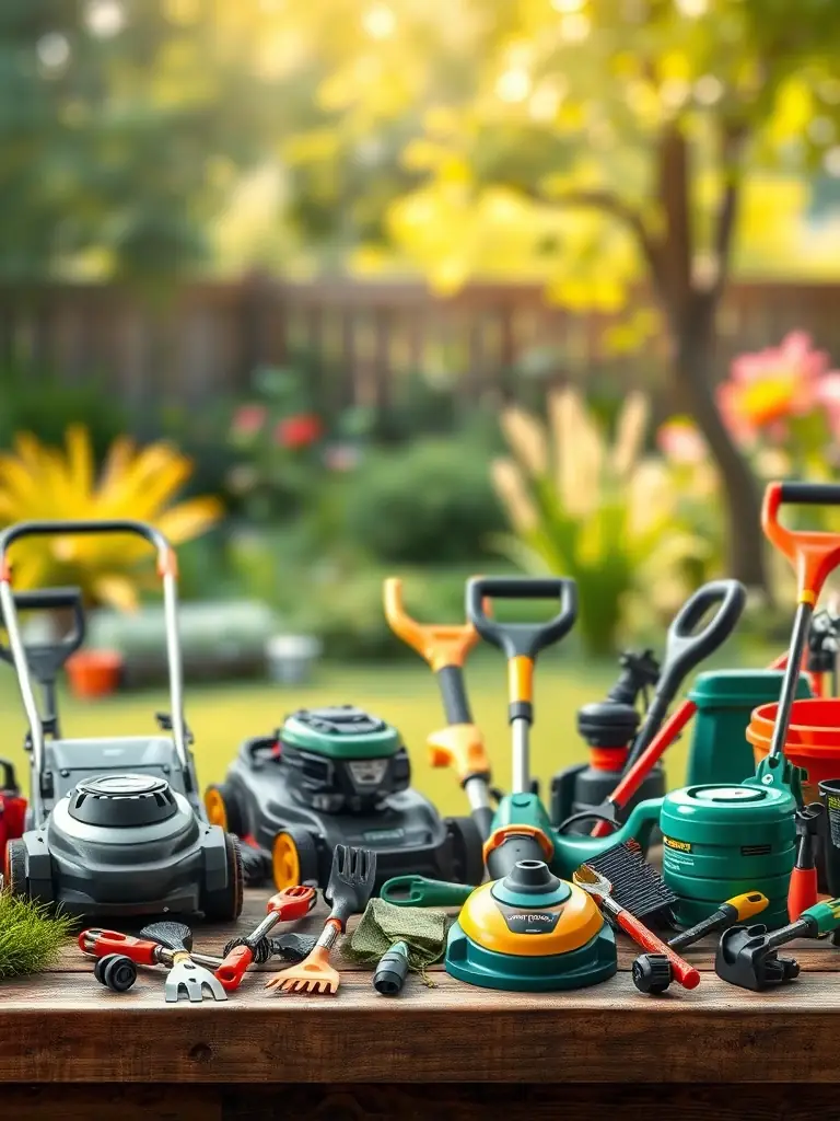 A well-organized display of lawn care equipment and parts, showcasing the range of products offered by Trim Leaf Studio.