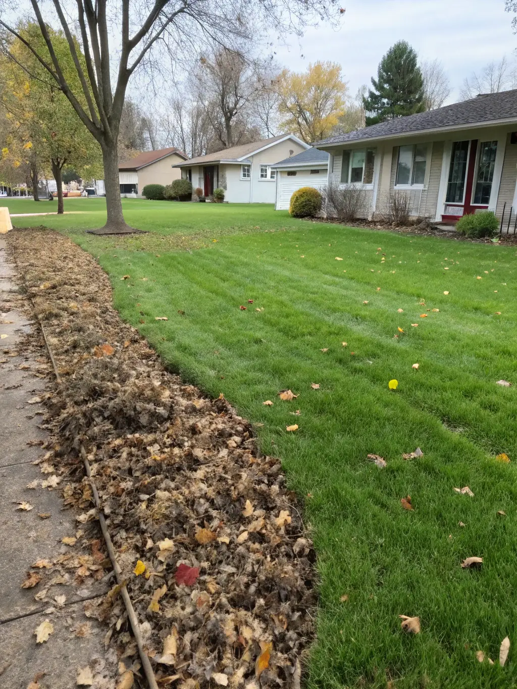 A before-and-after shot of a yard undergoing seasonal cleanup, showing the removal of leaves and debris by Trim Leaf Studio's team.