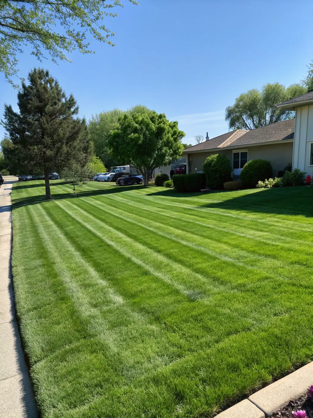 A vibrant green lawn being mowed by a professional with a high-quality mower, showcasing Trim Leaf Studio's comprehensive lawn maintenance service.