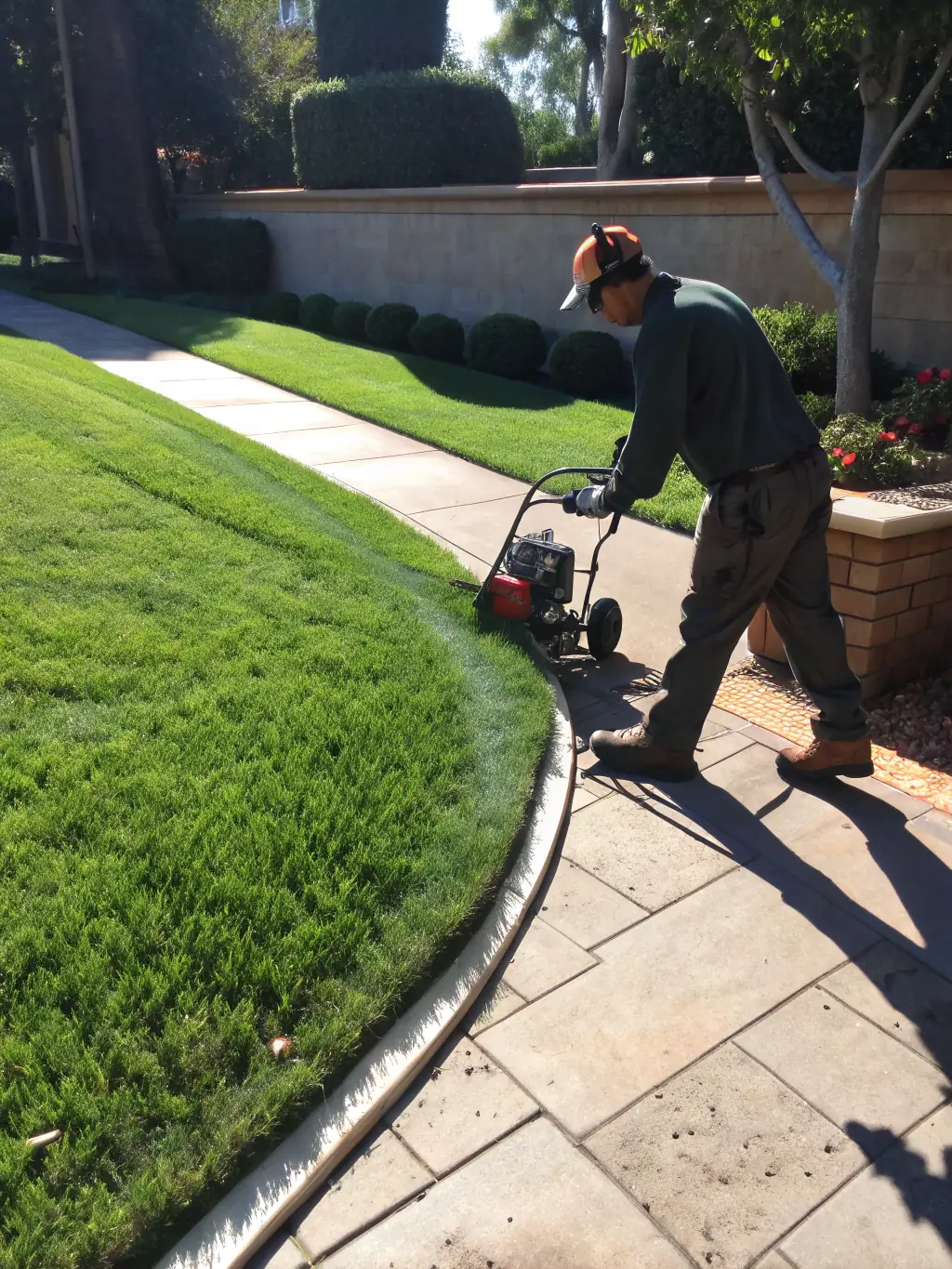A close-up of a lawn being edged with precision, highlighting the clean lines and attention to detail in Trim Leaf Studio's edging service.
